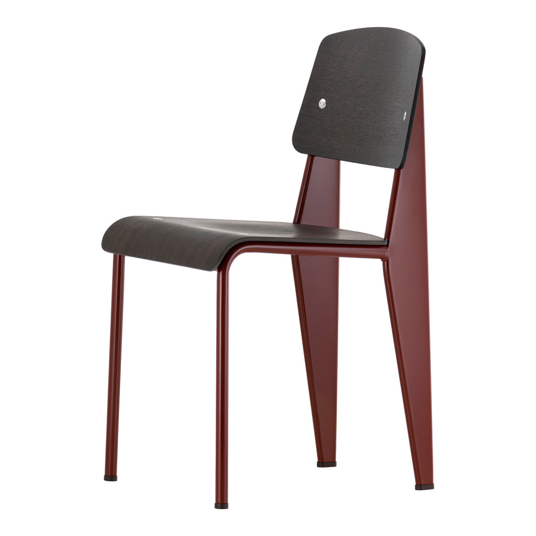 "Modern chair with a deep burgundy frame and sleek black seat, featuring minimalist lines and a streamlined design."
