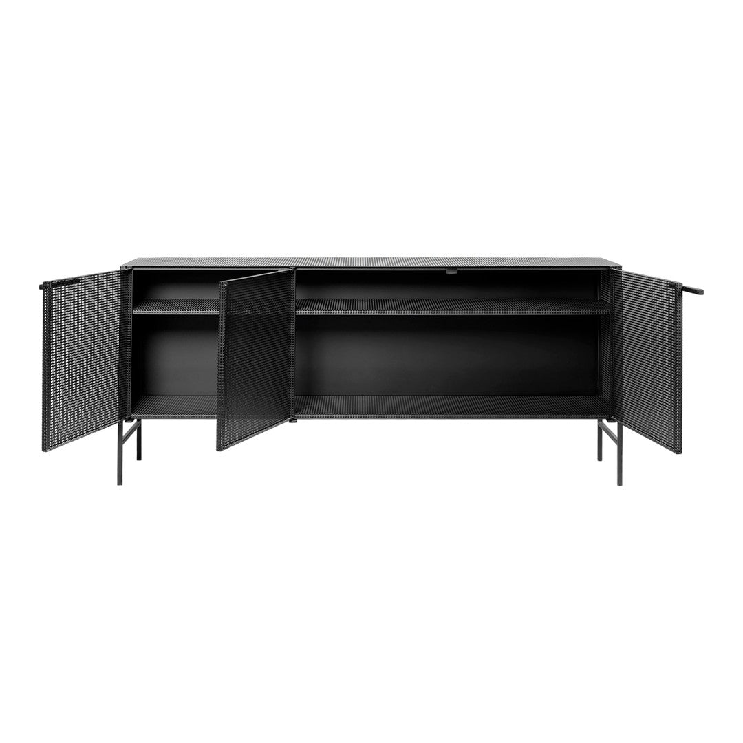 Stylish black console cabinet with minimalist design and sleek finish, featuring open shelves and double doors.