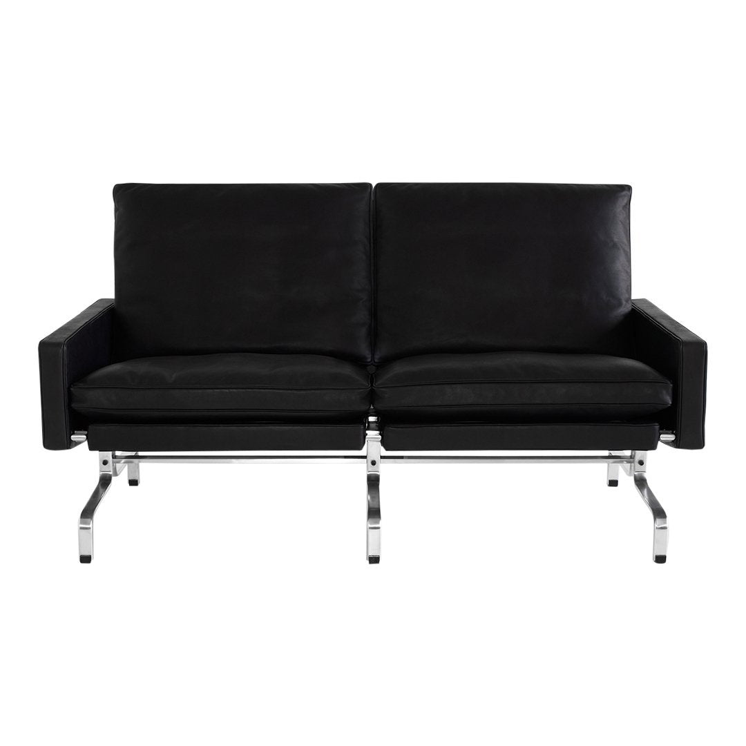 Black velvet two-seater sofa with sleek chrome legs and modern minimalist design. Perfect for contemporary interiors.