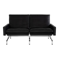 Black velvet two-seater sofa with sleek chrome legs and modern minimalist design. Perfect for contemporary interiors.