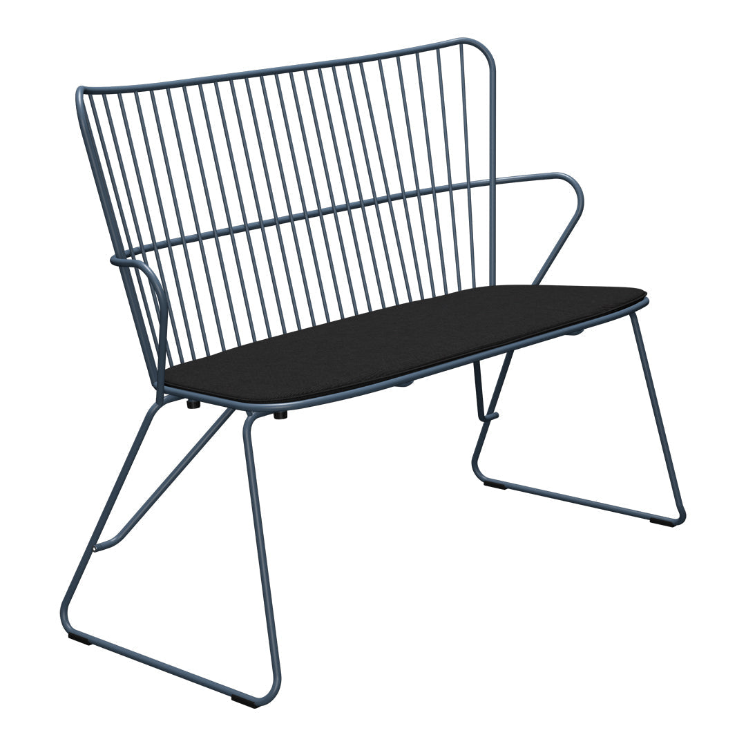 Blue metal bench with sleek, modern lines and a contrasting black seat. Perfect for contemporary outdoor spaces.