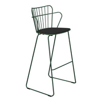 Green wire bar stool with black seat, featuring a modern, minimalist design and sleek lines. Ideal for contemporary spaces.