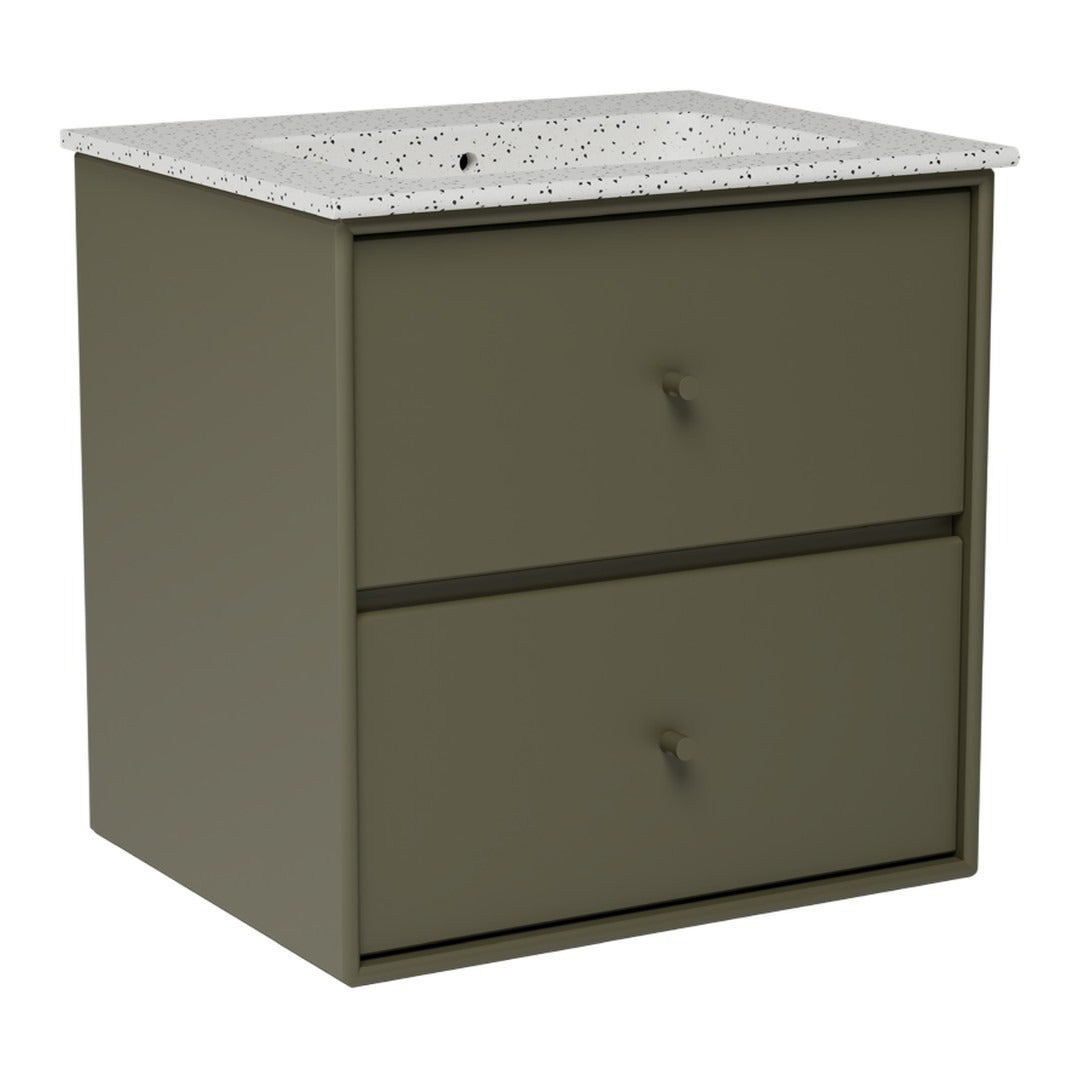Olive green cabinet with two drawers and a speckled white countertop design. Modern and sleek storage solution.
