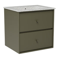Olive green cabinet with two drawers and a speckled white countertop design. Modern and sleek storage solution.