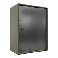 Olive green storage cabinet with a sleek, ribbed silver door pattern, combining modern aesthetics and functionality.