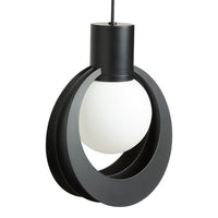 Black modern pendant lamp with circular patterns and a white glass orb.