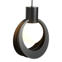 Modern black pendant light with a sleek circular pattern and warm white glow for contemporary decor.