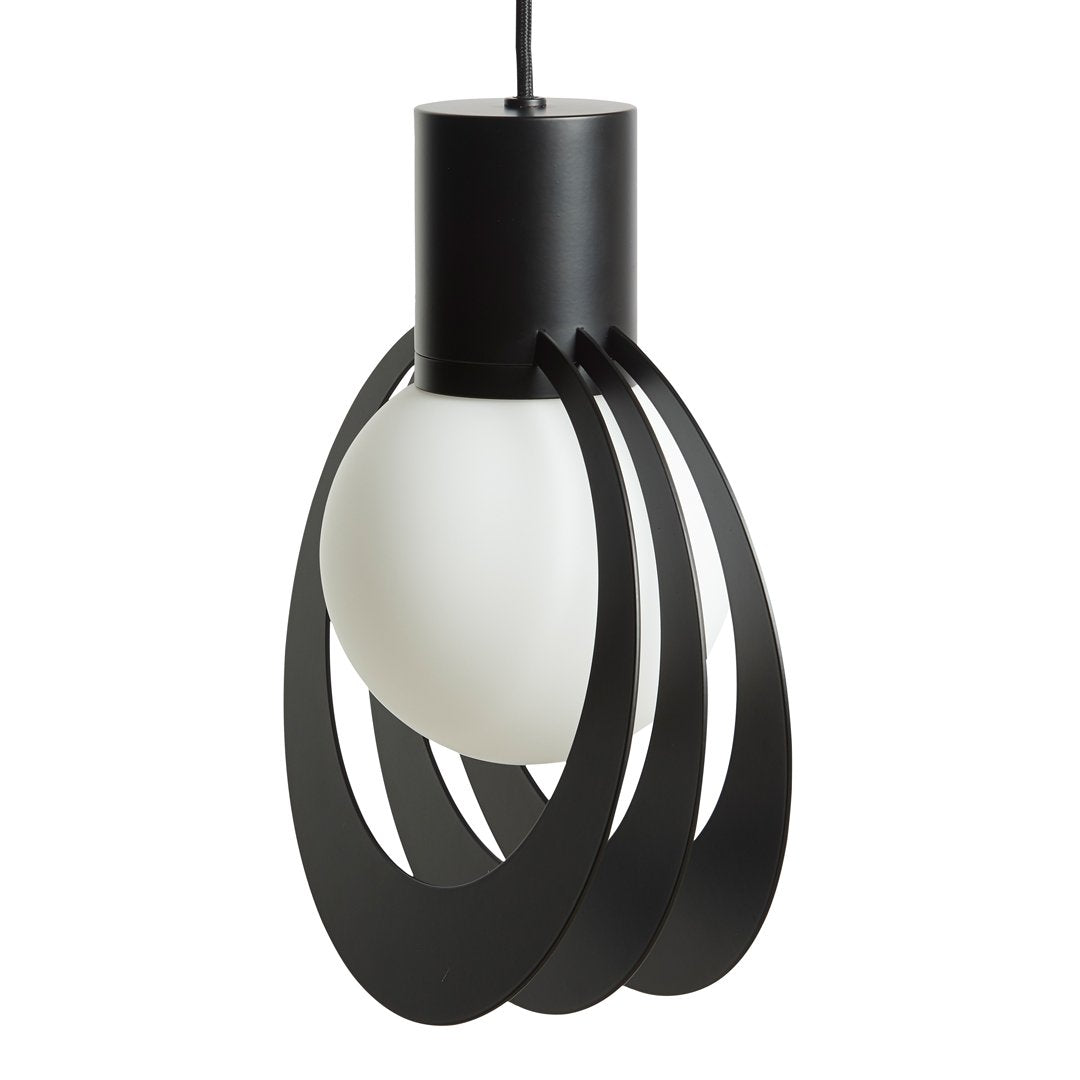 Modern black pendant lamp with a smooth white globe, featuring sleek geometric patterns. Perfect for contemporary decor.