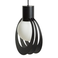 Modern black pendant lamp with a smooth white globe, featuring sleek geometric patterns. Perfect for contemporary decor.