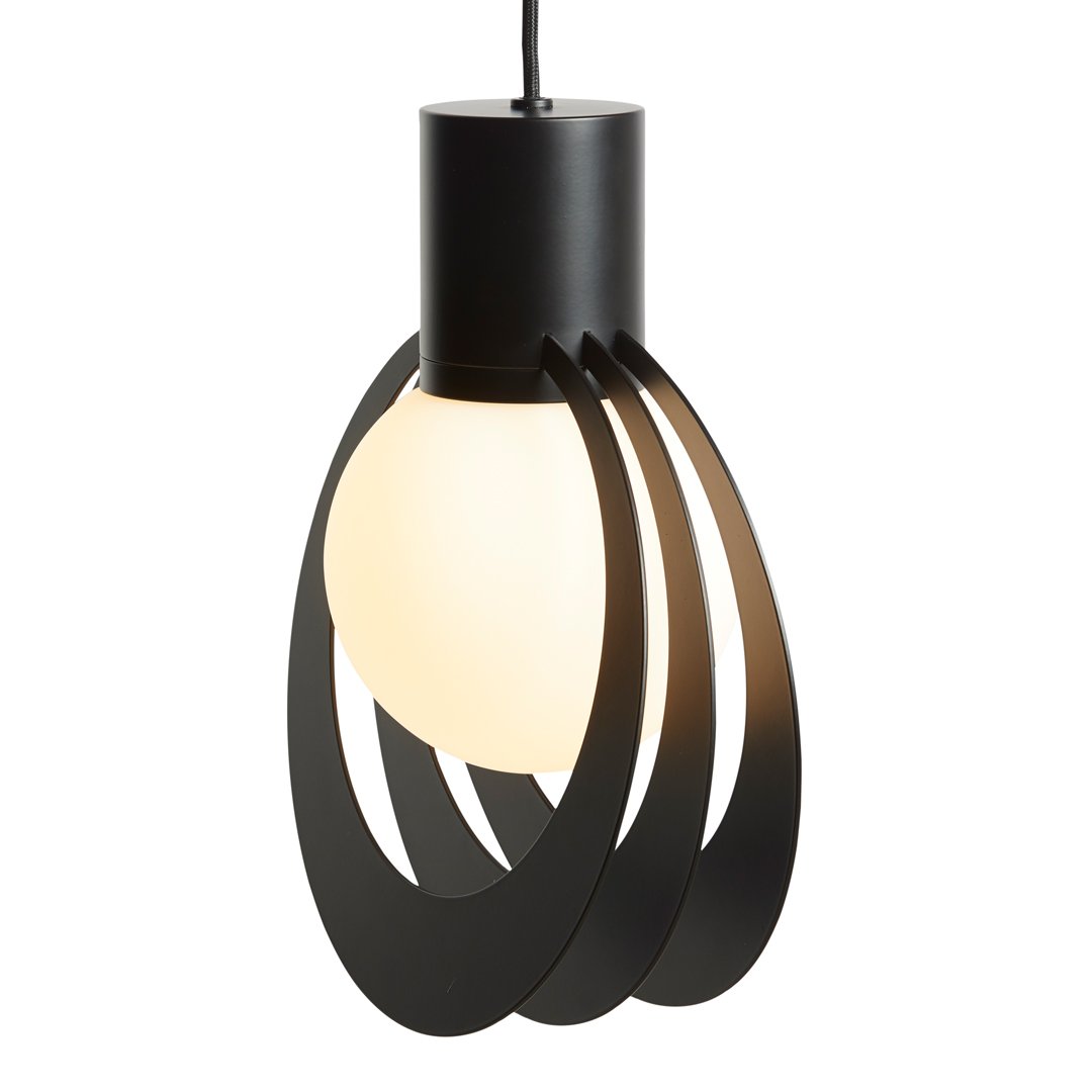 Black metal pendant light with a soft white globe and sleek circular patterns for modern decor.