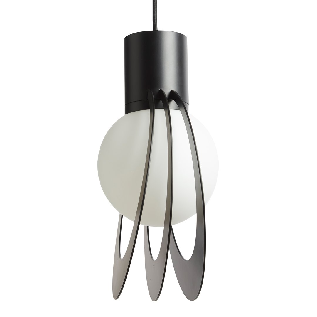 Black metal pendant light with a frosted glass globe and sleek, curved arm design. Modern minimalistic aesthetic.