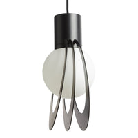 Black metal pendant light with a frosted glass globe and sleek, curved arm design. Modern minimalistic aesthetic.