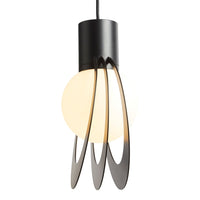 Black pendant light with sleek, curved metal accents and a warm, glowing round bulb. Modern design, stylish silhouette.