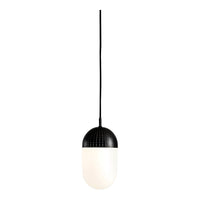 Black and white hanging lamp with a smooth, rounded shape and perforated pattern on the upper section.