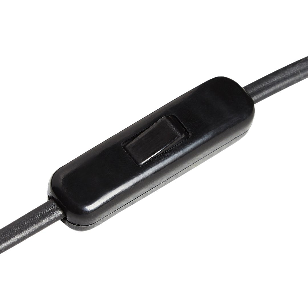 Black inline switch on a black cable, featuring a smooth, glossy finish and a minimalist design.