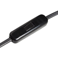 Black inline switch on a black cable, featuring a smooth, glossy finish and a minimalist design.