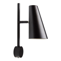 Sleek black wall lamp with a conical shade and round base, featuring a modern minimalist design.