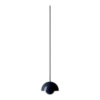 Navy blue pendant light with a sleek, minimalist design and a curved shade. Ideal for modern home decor.