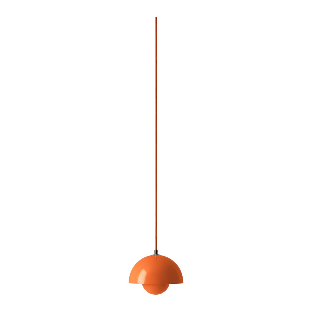 Bright orange pendant light with a smooth, rounded shade and sleek hanging cord. Perfect for modern decor.