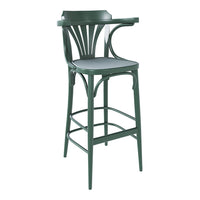 Green bar stool with sleek lines and a modern design, featuring a sturdy metal frame and a minimalist aesthetic.
