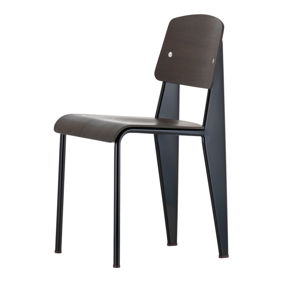 "Modern chair in dark wood with sleek black metal frame, featuring minimalist design and smooth curves."