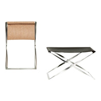 Two modern folding chairs: one with a tan fabric seat and chrome frame, the other featuring a sleek black seat and silver legs.