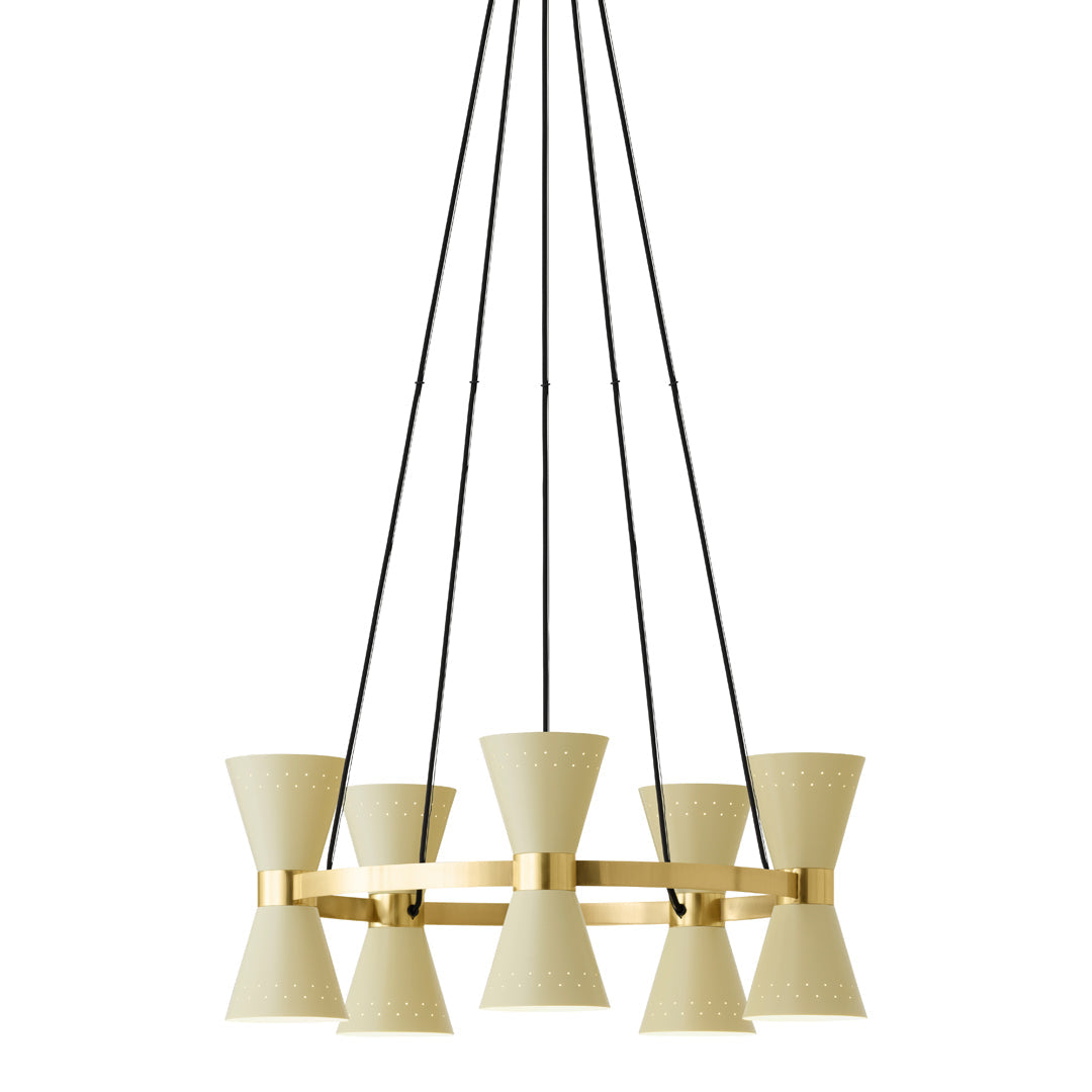 Beige and gold chandelier with a modern geometric design and black hanging cords. Elegant light fixture for stylish decor.