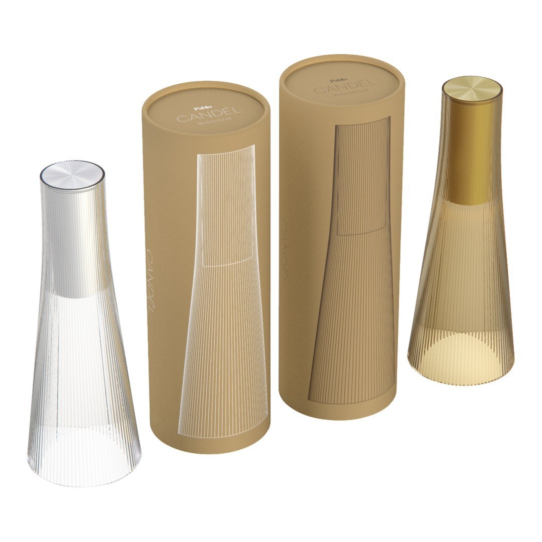 Transparent and gold geometric glass containers with beige cylindrical packaging. Elegant and modern design.