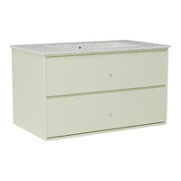 Light green dresser with a textured white speckled top and two smooth drawers, offering a modern aesthetic.