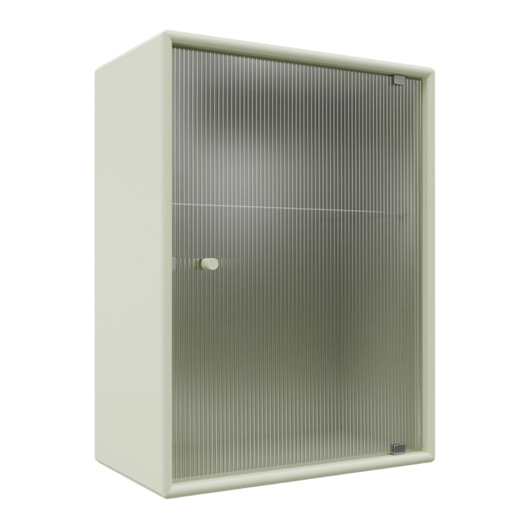 Cream-colored cabinet with a ribbed glass front, featuring a sleek, modern design and minimalist aesthetic.