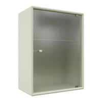 Cream-colored cabinet with a ribbed glass front, featuring a sleek, modern design and minimalist aesthetic.