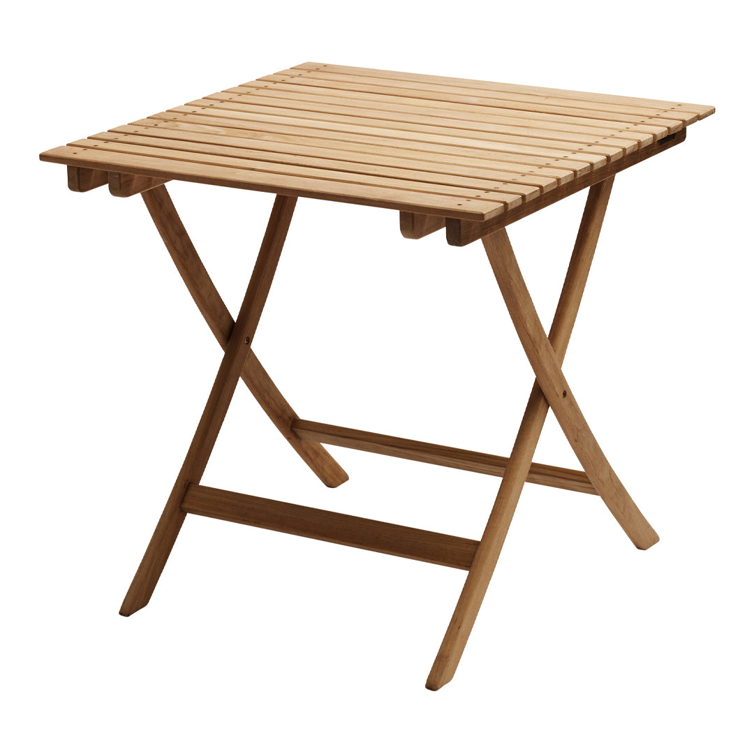 Natural wood folding table with a slatted top and warm brown tones, ideal for outdoor settings.