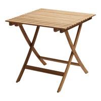 Natural wood folding table with a slatted top and warm brown tones, ideal for outdoor settings.