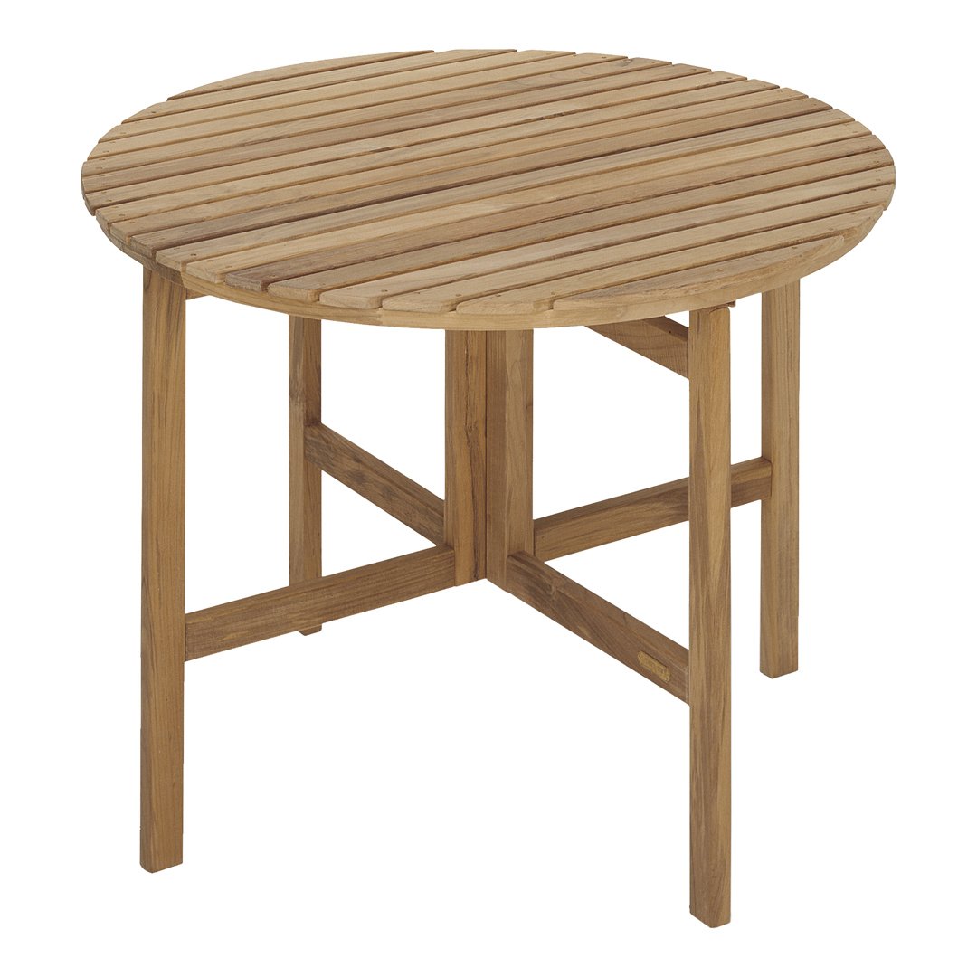 Round wooden table with a natural finish and slatted design, perfect for outdoor or indoor use.