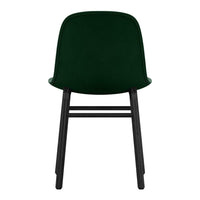 "Back view of a green upholstered chair with a black wooden frame, showcasing a sleek, modern design."