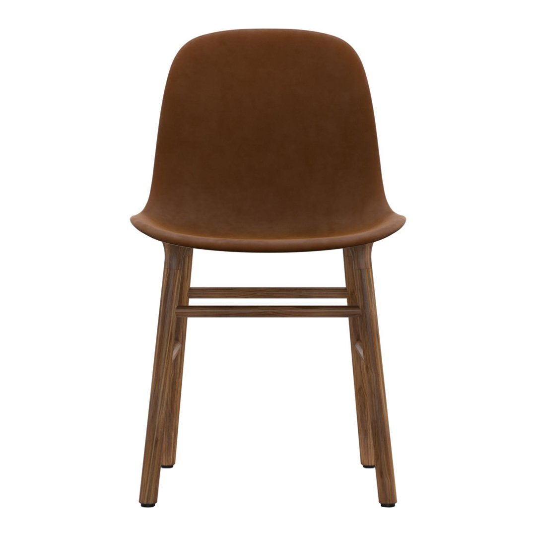 Brown upholstered chair with a smooth, solid surface and natural wood legs, creating a minimalist look.