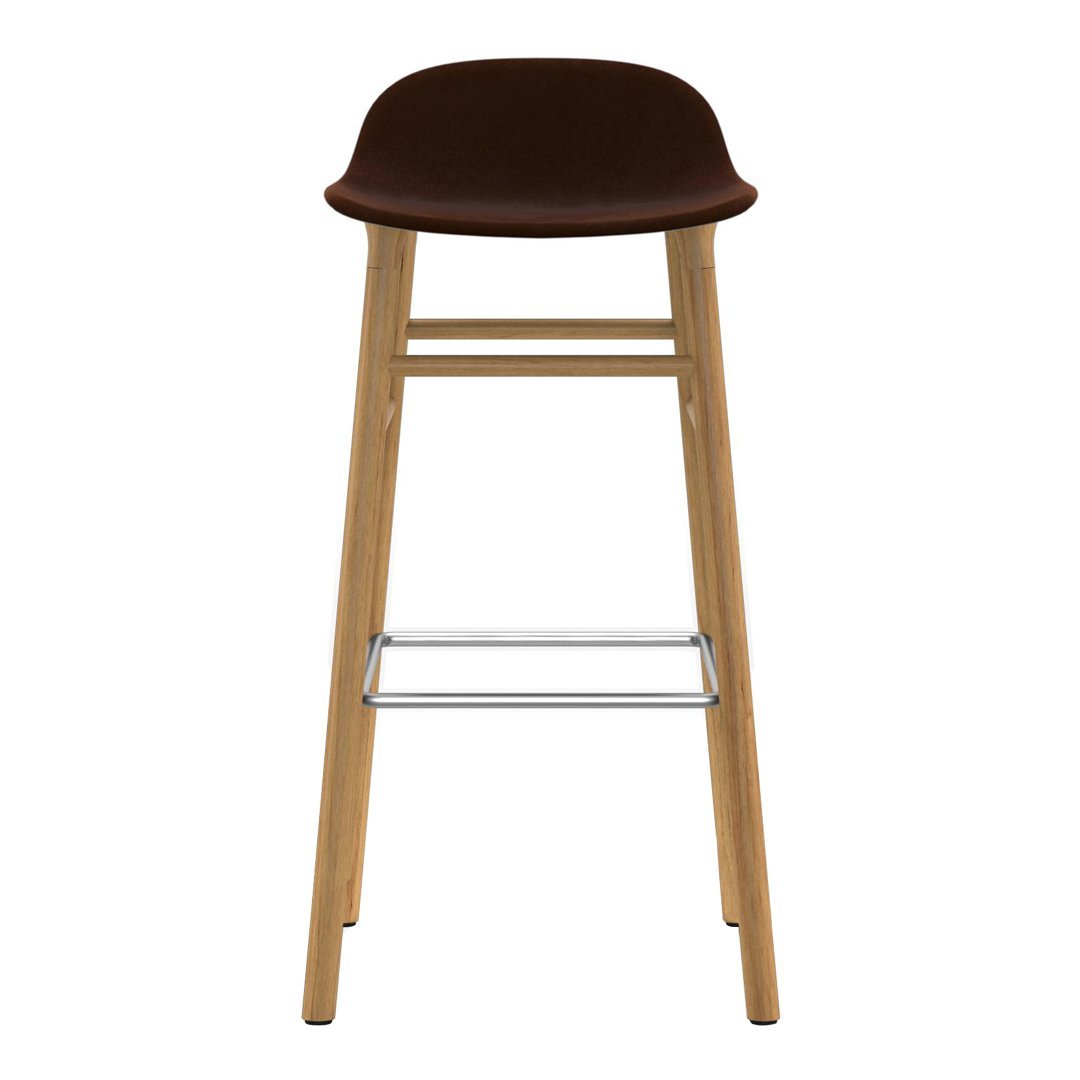 Brown upholstered bar stool with natural wood legs and a chrome footrest, featuring a sleek, minimalist design.