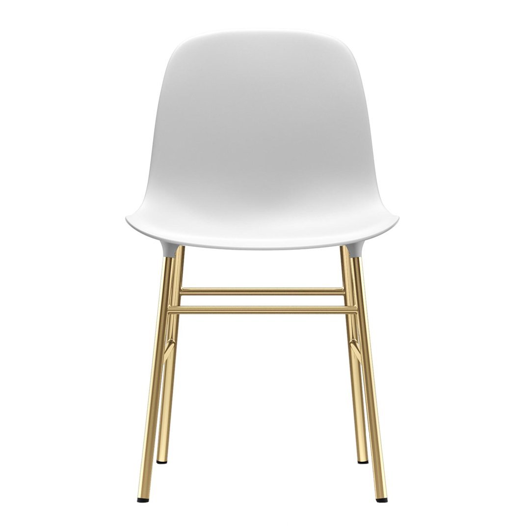White chair with a sleek design and gold metal legs, perfect for modern decor.