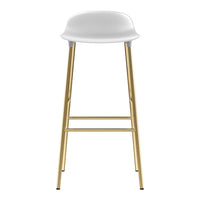 White bar stool with a minimalist design and gold metal legs, perfect for modern decor.
