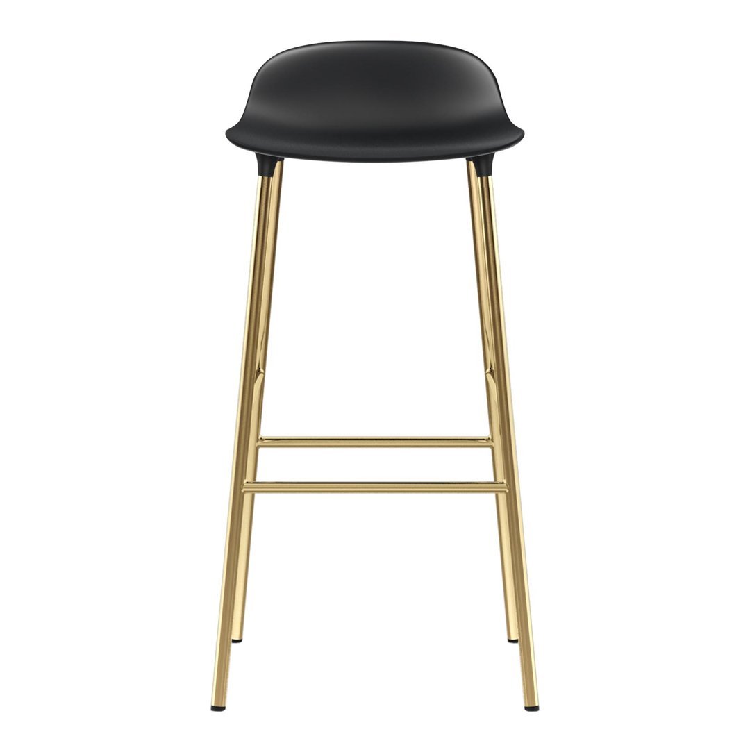 Black bar stool with a smooth seat and sleek gold metal legs. Modern design with minimalistic style.