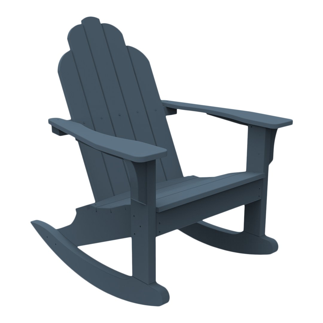 "Dark blue adirondack rocking chair with a classic slatted design, perfect for outdoor seating."