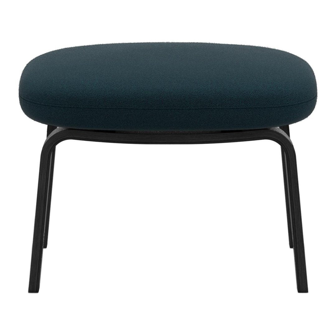 Teal upholstered ottoman with a sleek black metal frame, featuring a smooth, rounded design. Perfect for modern decor.