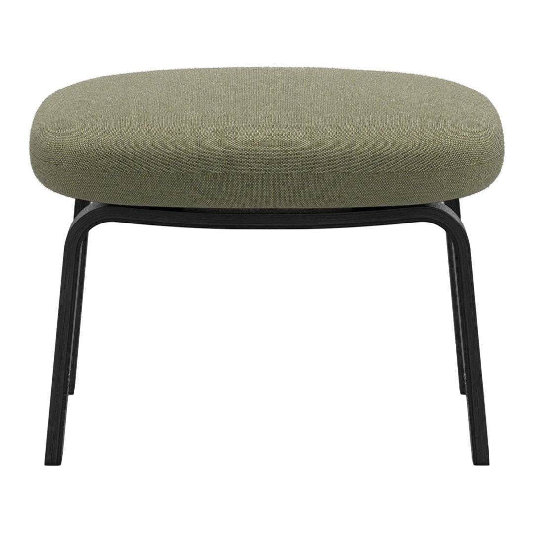 Olive green upholstered stool with a smooth, rounded top and sleek black metal legs, perfect for modern decor.