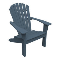 Navy blue Adirondack chair with slatted back and wide armrests, perfect for outdoor relaxation.