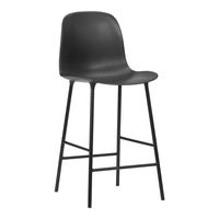 Black plastic bar stool with sleek, minimalist design and simple metal legs. Perfect for modern decor.