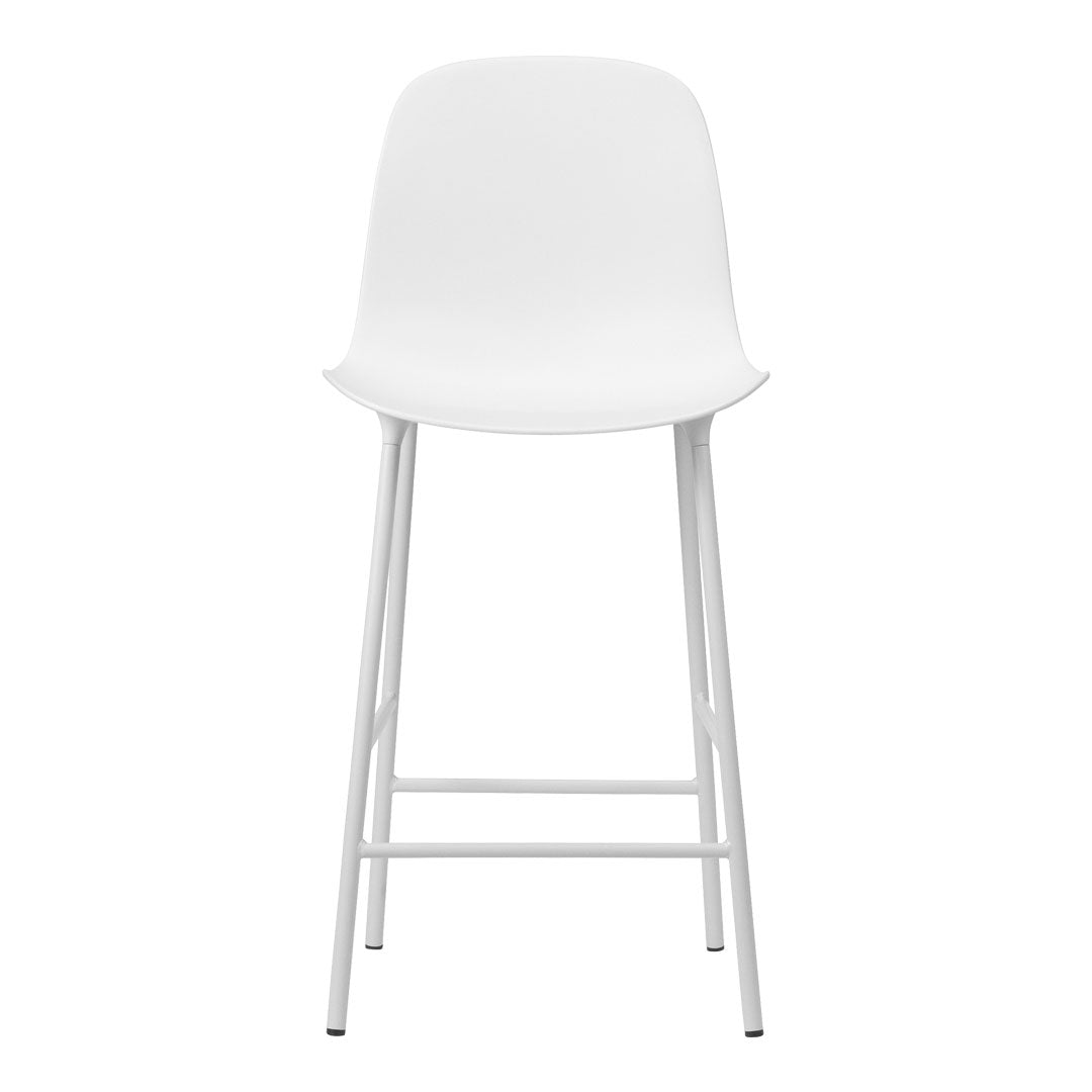 White modern bar stool with a sleek design and minimalist style, featuring a solid white seat and contrasting metal legs.