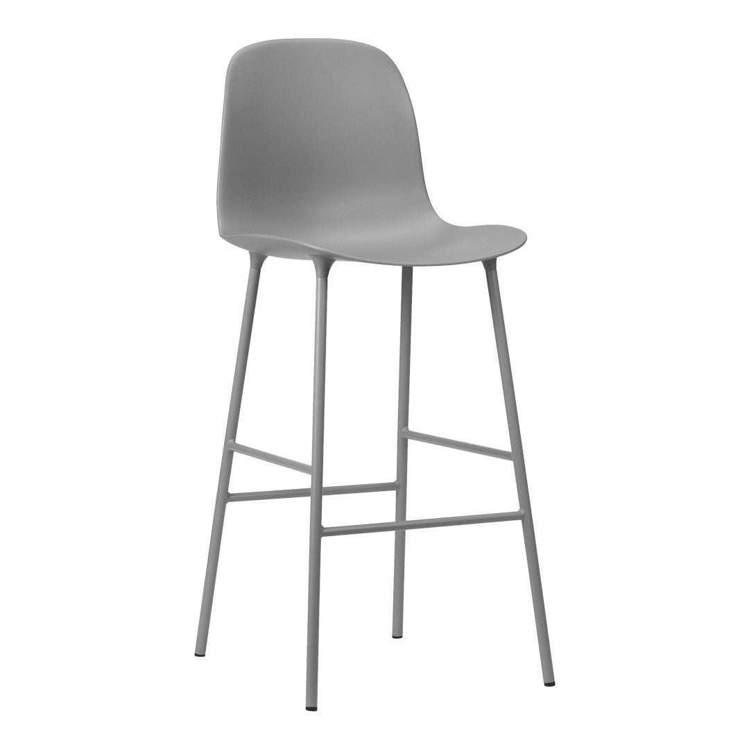 Stylish gray bar stool with a smooth, minimalist design and sleek metal legs, perfect for modern decor.
