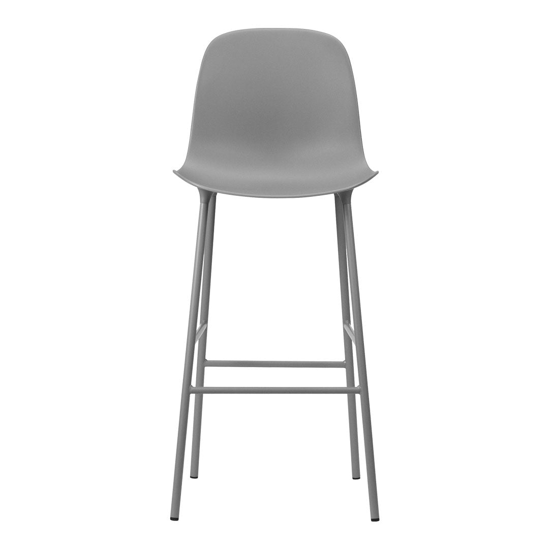 Gray bar stool with smooth surface and minimalist design, featuring a lightweight metal frame. Perfect for modern decor.