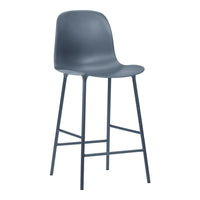 Stylish blue bar stool with a smooth, minimalist design and sleek metal legs. Perfect for modern interiors.