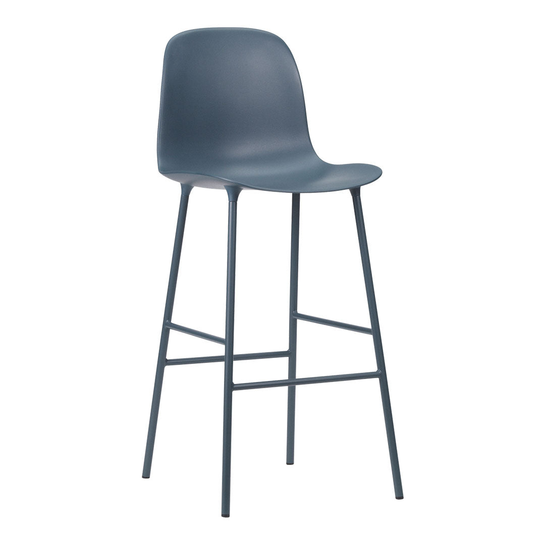 Modern dark blue bar stool with a smooth, curved seat and sleek metal legs, perfect for contemporary spaces.
